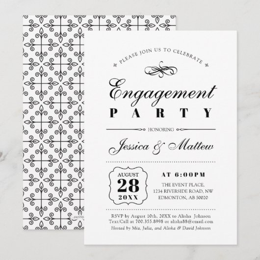 Invitation Black & White Elegant Classic Engagement Party (Devant / Derrière)