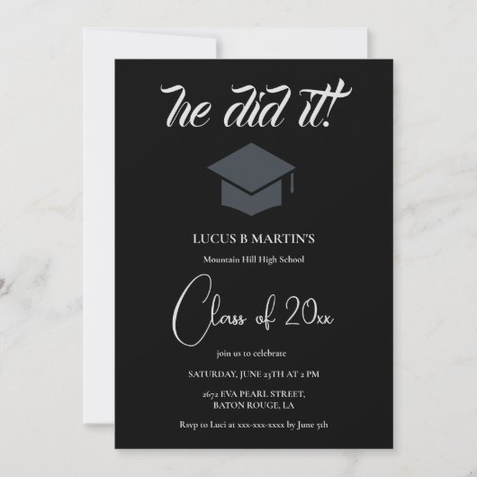 Invitation Black & White Elegant il l'a fait Graduation party (Devant)