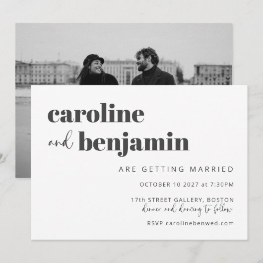 Invitation Black White Elegant Moderne Chic Photo Mariage (Devant / Derrière)