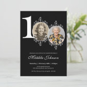 Invitation Black White Elegant Photo 100e anniversaire (Debout devant)