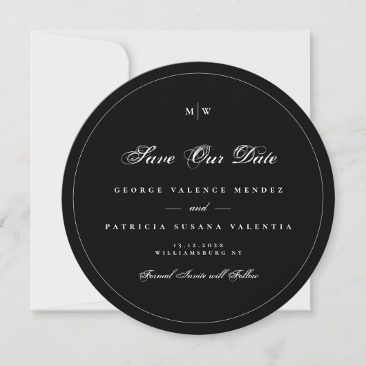 Invitation Black White Elegant Round Photo Enregistrer La Dat (Devant)