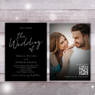 Invitation Black White Elegant Script Photo QR Code Mariage