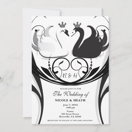Invitation Black & White Elegant Swan Princess Mariage (Devant)