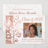Invitation Black White Elegant Swirl Photo 2021 Graduation (Devant / Derrière)