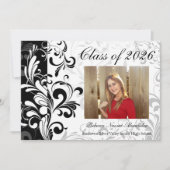 Invitation Black White Elegant Swirl Photo 2025 Graduation (Devant)