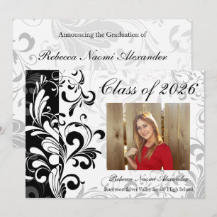 Invitation Black White Elegant Swirl Photo 2025 Graduation