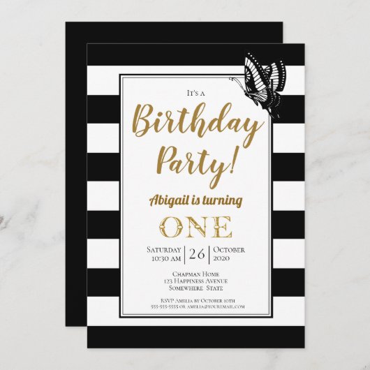 Invitation Black White et Gold 1er anniversaire (Devant / Derrière)