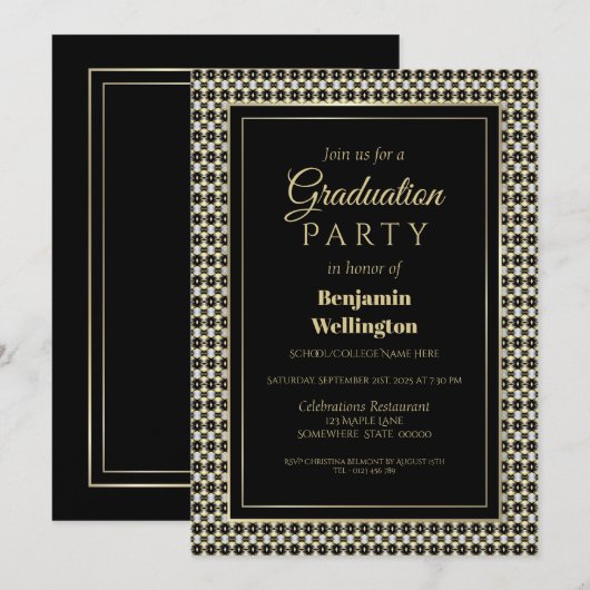 Invitation Black White et Gold Graduation Party (Devant / Derrière)