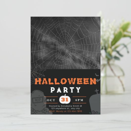 Invitation Black, White et Grey Spiderweb Black Halloween (Debout devant)