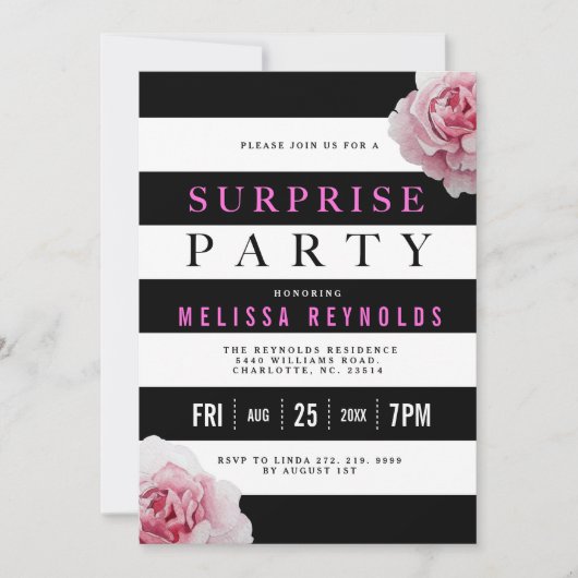 Invitation Black White et rose Roses Parti surprise (Devant)