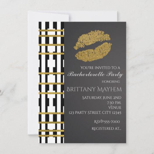 Invitation Black White & Faux Gold Beauté Lips Kiss Party (Devant)