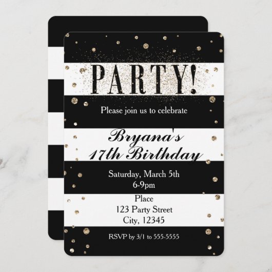 Invitation Black White Faux Parties scintillant Faux Invitati (Devant / Derrière)