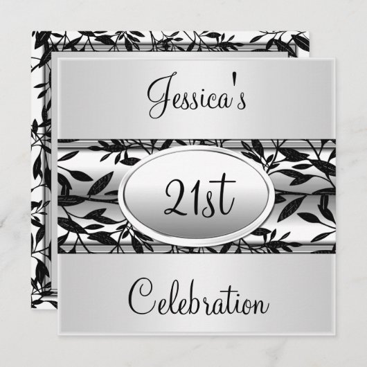Invitation Black & White Floral 21e anniversaire (Devant / Derrière)