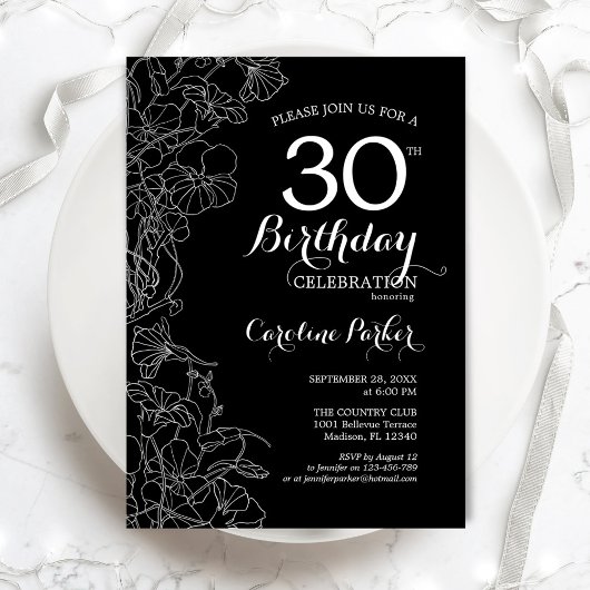 Invitation Black White Floral 30e fête d'anniversaire