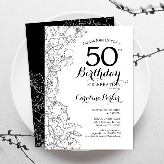 Invitation Black White Floral 50e fête d'anniversaire