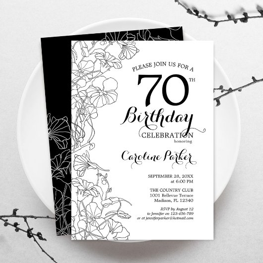 Invitation Black White Floral 70e fête d'anniversaire