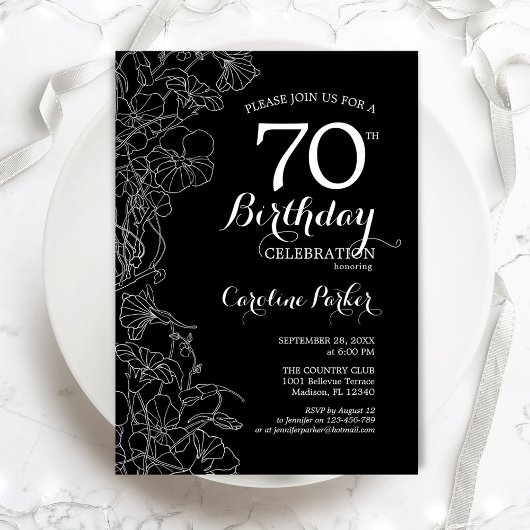 Invitation Black White Floral 70e fête d'anniversaire