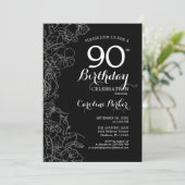 Invitation Black White Floral 90e fête d'anniversaire (Debout devant)