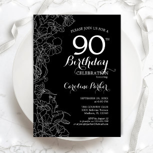 Invitation Black White Floral 90e fête d'anniversaire