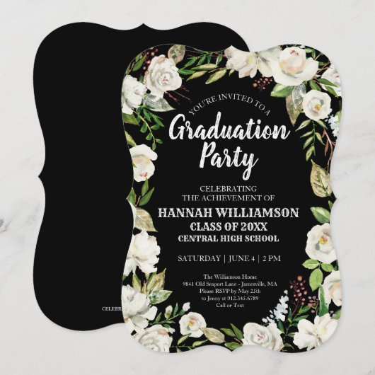 Invitation Black White Floral Classe de 2021Graduation Party (Devant / Derrière)