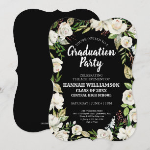 Invitation Black White Floral Classe de 2021Graduation Party