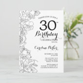 Invitation Black White Floral Photo 30th Birthday Party (Debout devant)