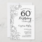 Invitation Black White Floral Photo 60e fête d'anniversaire (Devant)