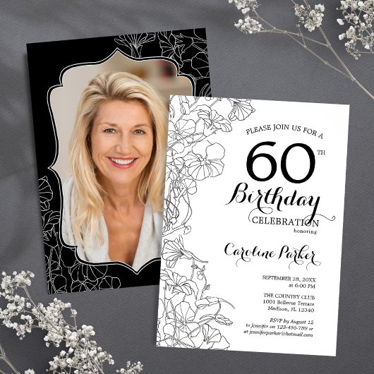 Invitation Black White Floral Photo 60e fête d'anniversaire