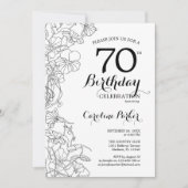 Invitation Black White Floral Photo 70th Birthday Party (Devant)