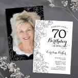 Invitation Black White Floral Photo 70th Birthday Party<br><div class="desc">Invitation à la fête du 70e anniversaire en noir blanc avec votre photo au verso de la carte. Design moderne élégant avec accents de dessin botanique et police de script de typographie. Carte invitation simple et tendance, parfaite pour une célébration anniversaire élégante. Peut être customisé à n'importe quel âge. Invitations...</div>