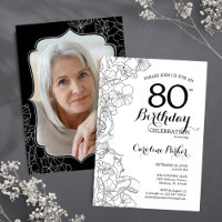Black White Floral Photo 80th Birthday Party