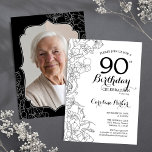 Invitation Black White Floral Photo 90th Birthday Party<br><div class="desc">Invitation à la fête du 90e anniversaire en noir blanc avec votre photo au verso de la carte. Design moderne minimaliste avec accents de dessin botanique et police de script de typographie. Carte invitation simple et tendance, parfaite pour une célébration anniversaire élégante. Peut être customisé à n'importe quel âge. Invitations...</div>