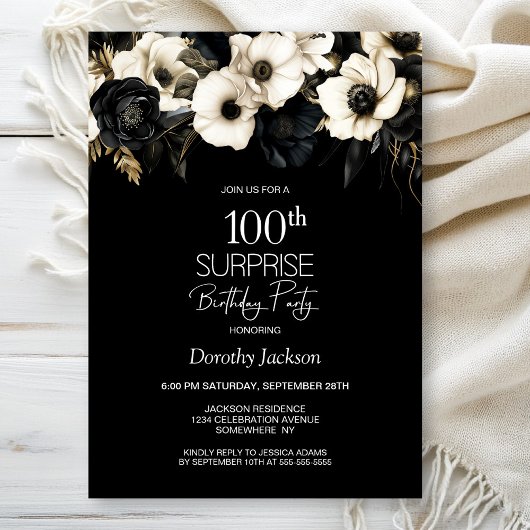 Invitation Black White Floral Surprise 100e anniversaire fête
