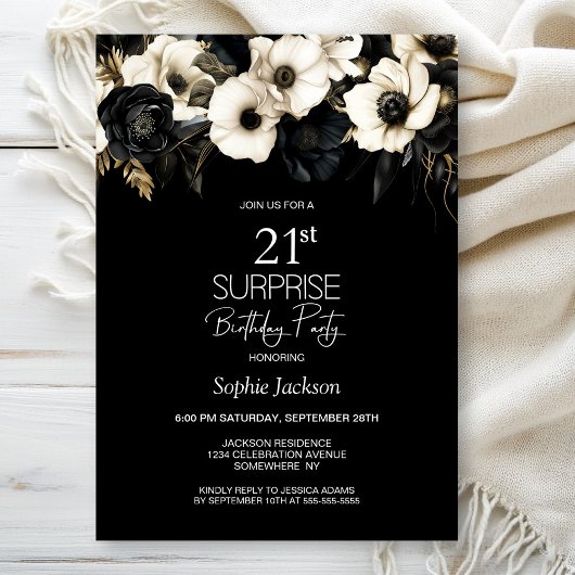 Invitation Black White Floral Surprise 21ème anniversaire