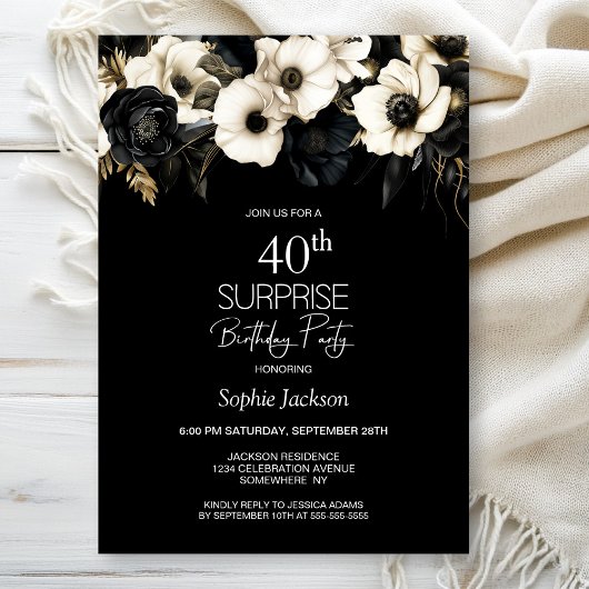 Invitation Black White Floral Surprise 40e anniversaire fête