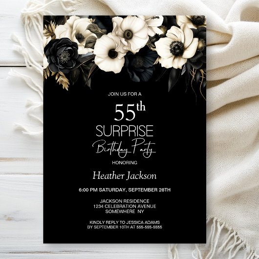 Invitation Black White Floral Surprise 55e anniversaire