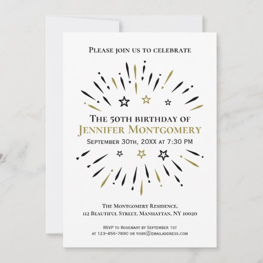 Invitation Black White Gold 50th Birthday Party Fireworks (Devant)