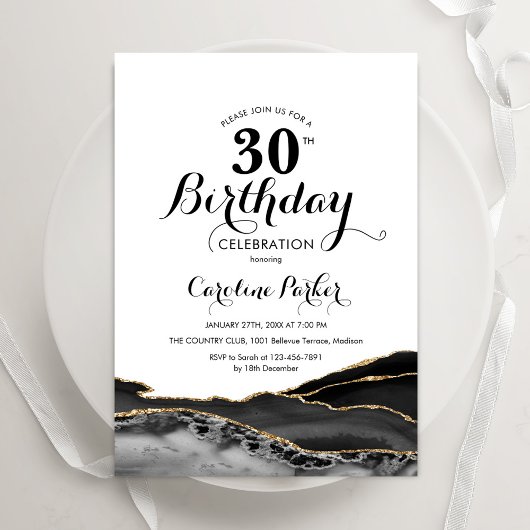 Invitation Black White Gold Agate 30e anniversaire