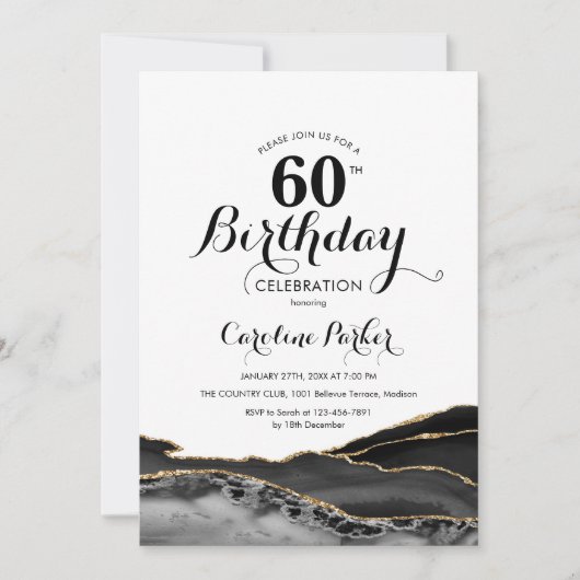 Invitation Black White Gold Agate 60e anniversaire (Devant)