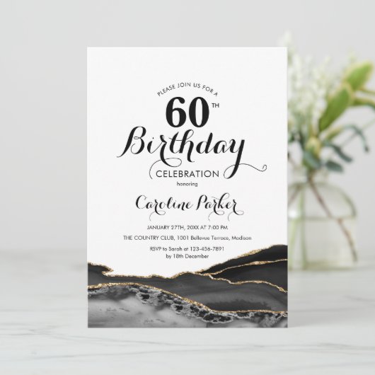 Invitation Black White Gold Agate 60e anniversaire (Debout devant)