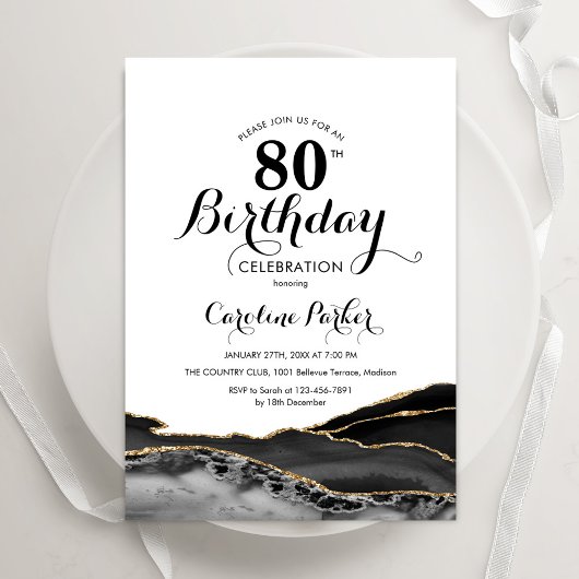 Invitation Black White Gold Agate 80e anniversaire