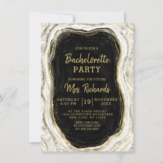 Invitation Black White & Gold Agate Geode Bachelorette Party (Devant)