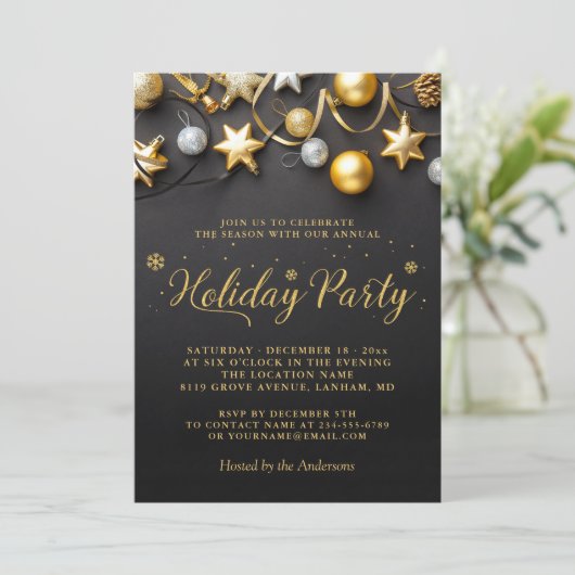 Invitation Black White Gold Baubles (Debout devant)