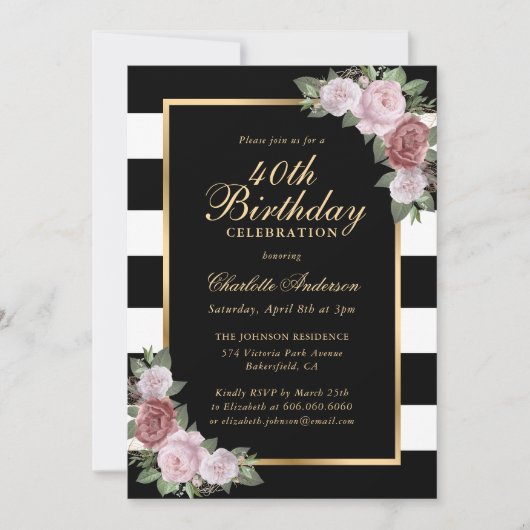 Invitation Black White Gold Blush rose Floral 40e anniversair (Devant)