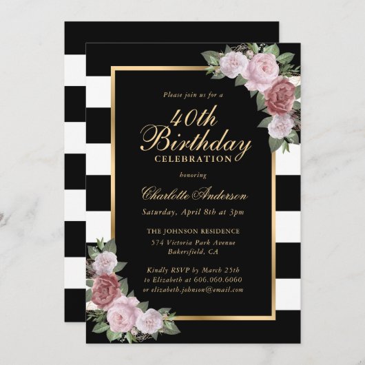 Invitation Black White Gold Blush rose Floral 40e anniversair (Devant / Derrière)