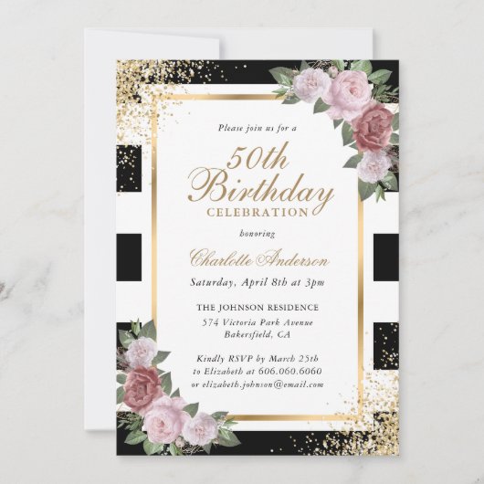 Invitation Black White Gold Blush rose Floral 50e anniversair (Devant)