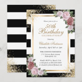 Invitation Black White Gold Blush rose Floral 50e anniversair (Devant / Derrière)