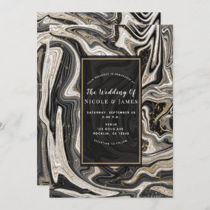 Invitation Black White & Gold Chic Swirl Mariage moderne