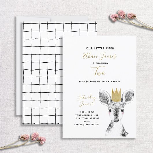 Invitation Black & White Gold Deer Baby 2e anniversaire