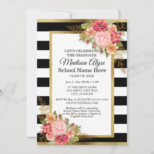 Invitation Black White Gold et Pink Floral Graduation Party (Devant)
